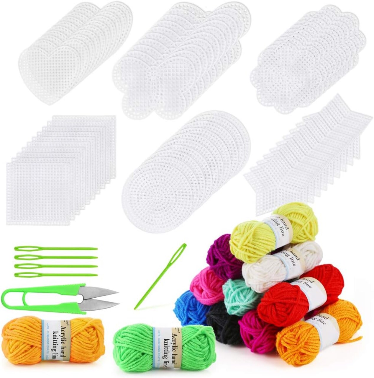 60 Pieces Mesh Plastic Canvas Kit Including 6 Shapes 3 Inch Clear Plastic Canvas, 12 Colors Acrylic Yarn and Tools for Embroidery Plastic Canvas Craft, Knit and Crochet Projects